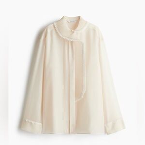 H&M Beige Blouse with Lace Trim and Fluttery High Collar